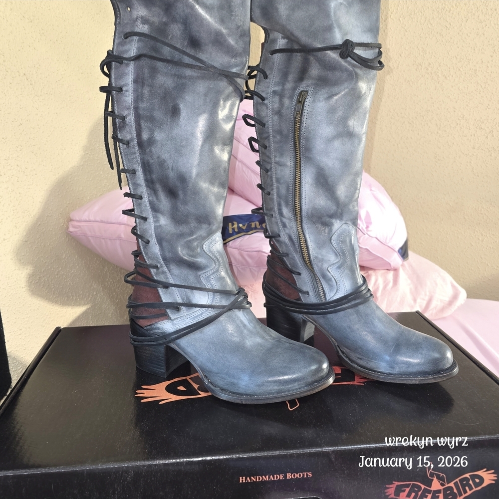 Freebird by Steven Distressed Blue Over-the-Knee Lace-Up Boots